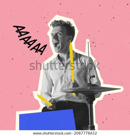 Excited music performer playing drums on pink color background. Copy space for ad, text. Modern design. Conceptual, contemporary artcollage. Retro styled, surrealism, fashionable. Neon colors, line Royalty-Free Stock Photo #2087778652
