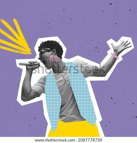 Shouting. Young man, singer with microphone on bright neoned background. Copy space for ad, text. Drawings. Conceptual, contemporary art collage. Trendy magazine style, surrealism, fashionable.
