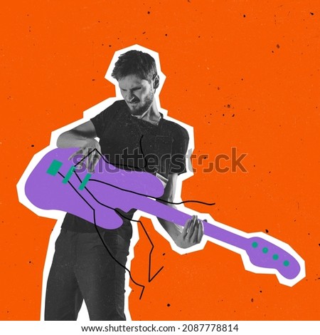 Stylish hipster, man playing guitar on bright neoned background. Copy space for ad, text. Modern design. Conceptual, contemporary art collage. Trendy magazine style, surrealism, fashionable.