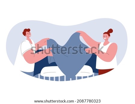 Couple man and woman make the bed. Vector illustration in flat style. Royalty-Free Stock Photo #2087780323