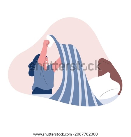 Woman make the bed. Vector illustration in flat style. Royalty-Free Stock Photo #2087782300