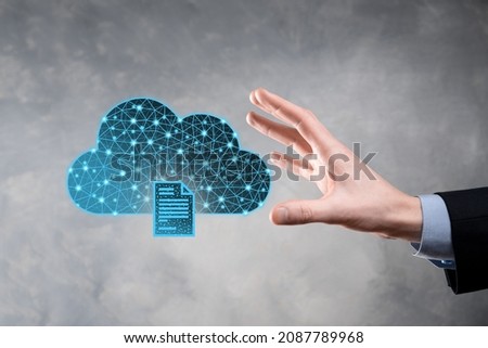 Cloud technology. Polygonal wireframe cloud storage sign with document icon on dark blue. Cloud computing, big data center, future infrastructure, digital ai concept. Virtual hosting symbol.