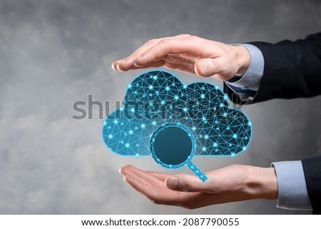 Cloud technology. Polygonal wireframe cloud storage sign with search magnifier icon on dark blue. Cloud computing, big data center, future infrastructure, digital ai concept. Virtual hosting symbol.