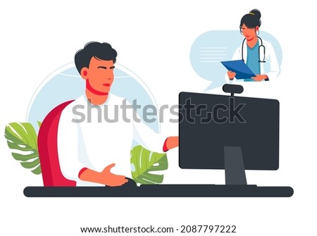 A man receives an online doctor consultation at home. Doctor recommends medications via video link. Live chat. Patient meets with an online doctor via the laptop application. Vector illustration