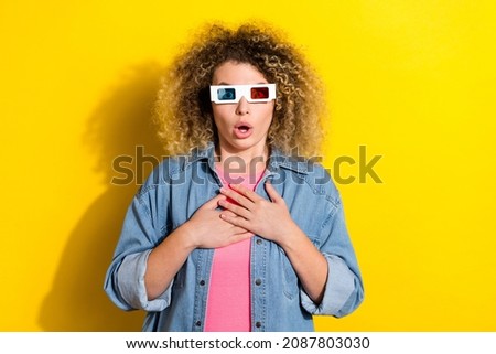 Photo of scared lady watch heartbreaking drama film moment wear 3d glasses jeans shirt isolated yellow color background