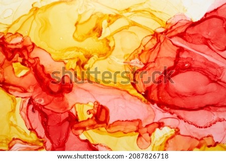 Abstract red yellow watercolor background. Paint stains and wavy spots in water, luxury fluid liquid art orange wallpaper Royalty-Free Stock Photo #2087826718