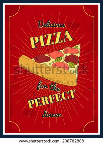Pizza vintage retro sketch style poster in red color for restaurant vector illustration