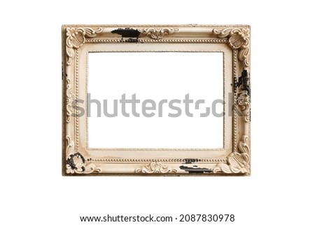 Antique picture frame empty and isolated on white background. Old, vintage, decorative element with free space for your design or text. Frame mockup.