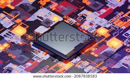 Advanced Technology Concept 3d Visualization: Circuit Board CPU Processor Microchip Starting Artificial Intelligence Digitalization of Neural Networking and Cloud Computing Data