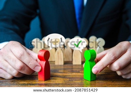 The parties come to a consensus with the assistance of a mediator. Resolution of conflict through negotiations. Mediation and Arbitration. Search for compromise. Concluding a truce, end confrontation. Royalty-Free Stock Photo #2087851429