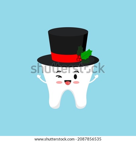 Chistmas tooth in snowman cylinder hat isolated on background. Dental holiday sign - cute white tooth with winter holiday black hat. Flat design cartoon vector stomatology illustration