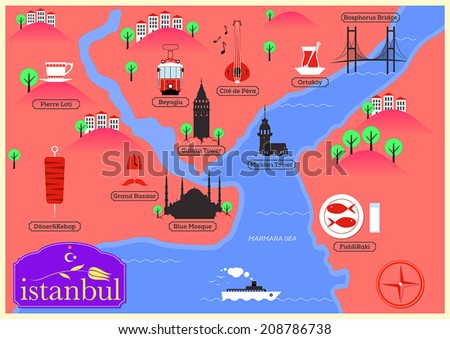 City Map Illustration of Istanbul. Landmarks and Vector Map Icons.  Royalty-Free Stock Photo #208786738
