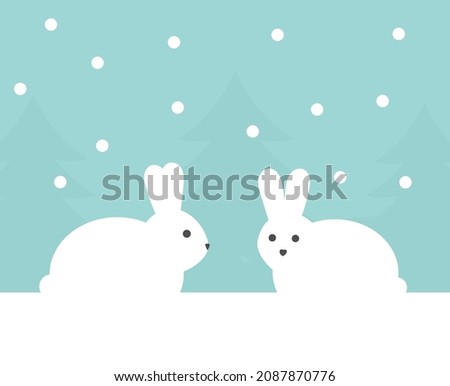 Cute white bunnies in winter scenery. Vector illustration.