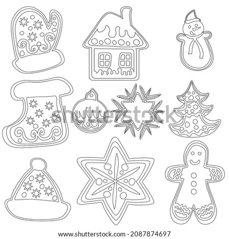 A set of gingerbread cookies of various shapes and sizes, coloring pages Christmas pastries with ornate icing patterns vector illustration