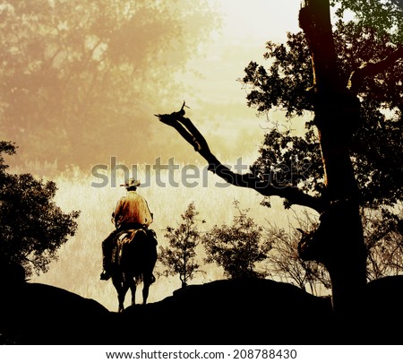 A cowboy rides his horse into the mountains.