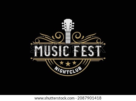 Vintage retro classic guitar, country music festival emblem logo design template Royalty-Free Stock Photo #2087901418