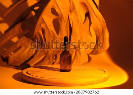 Glass vial bottle of essential oil or serum for facial care on a wooden round podium in the light of a sunset lamp. In the background, a dried brown monstera leaf