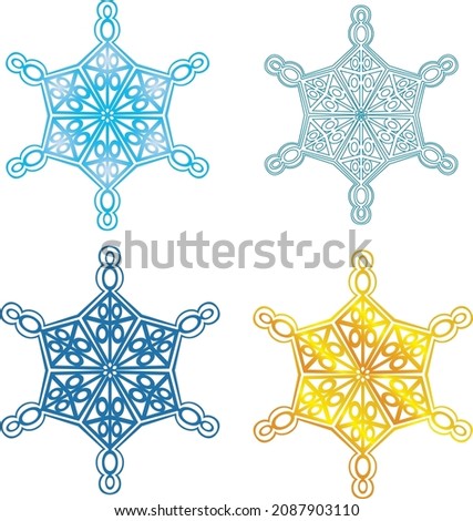 Three snowflakes in different blue shades and one gold for creating New Year's decorations.