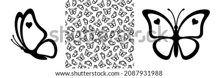 Outlines of butterflies with hearts and seamless pattern isolated on a white background. Outlines of butterflies are great for print gift paper, wedding greeting cards and textile