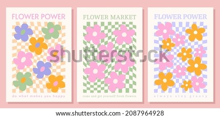 Abstract retro aesthetic backgrounds set with groovy daisy flowers. Vintage floral mid century art prints. Hippie 60s, 70s, 80s style. Danish pastel wall art. Royalty-Free Stock Photo #2087964928