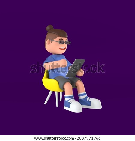 3d rendering of boy sitting on yellow chair playing tablet illustration