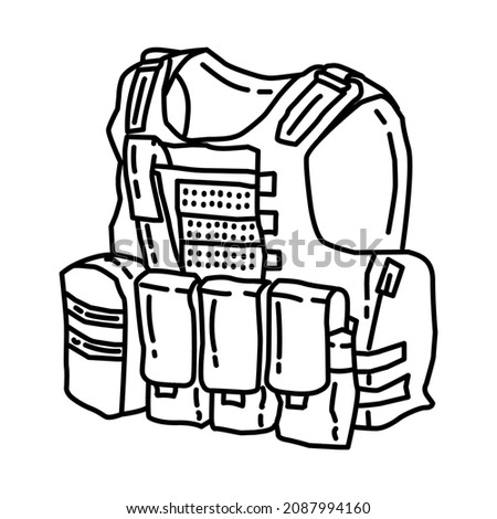 Army Combat Vest Part of Military and Army Force Equipments Hand Drawn Icon Set Vector.