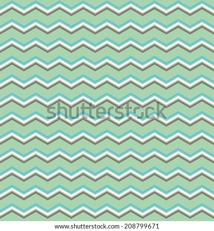 Tile vector pattern with blue, brown and white zig zag print on green background
