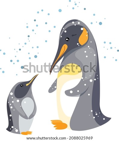 Cute birds penguins. Happy family. Little kid looking at her mom. Funny characters isolated on white background.  Winter illustration for children and adults.