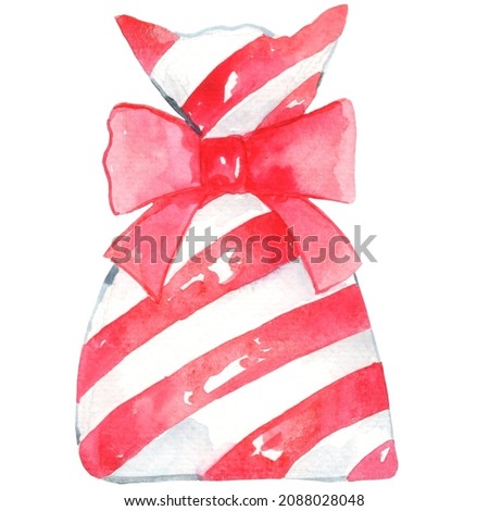 Christmas candy gift bag with red ribbon watercolor for Christmas holiday gift. 