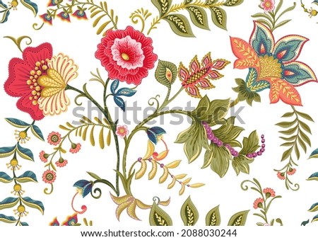 Fantasy flowers in retro, vintage, jacobean embroidery style. Seamless pattern, background. Vector illustration. Royalty-Free Stock Photo #2088030244