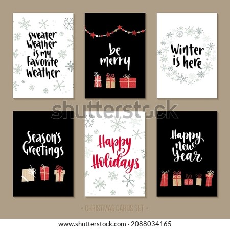 Set Christmas and Happy New Year greeting cards with handwritten lettering and decorative winter holiday elements. Trendy style flat vector illustration for invitations, cards, posters and flyers.