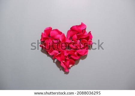 Heart made of Rose petals on gray background. Valentine's day, Mother's day, Women's day concept background.