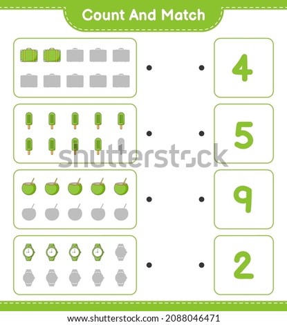 Count and match, count the number of Luggage, Ice Cream, Coconut, Watches and match with the right numbers. Educational children game, printable worksheet, vector illustration
