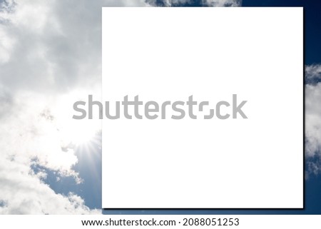 sky with clouds top view of business paper card empty white blank mockup isolated on white background