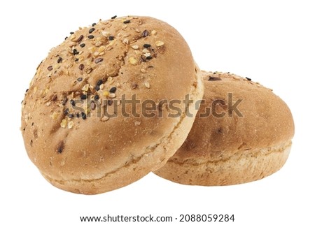 Burger buns isolated on white background. Detail for design. Design elements. Macro. Full focus. Background for business cards, postcards and posters. Food object design. 