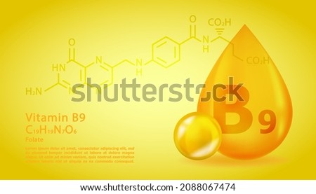Realistic B9 Folate Vitamin drop with structural chemical formula. 3D Vitamin molecule B9 Folate design. Drop pill capsule. Royalty-Free Stock Photo #2088067474