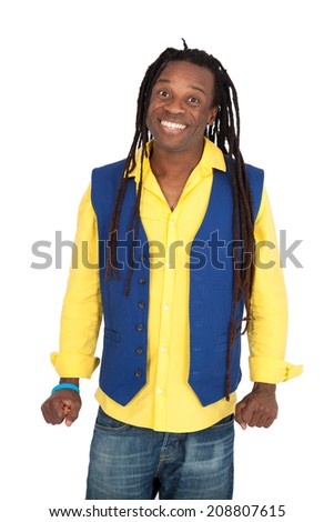 Handsome man with dreadlocks doing different expressions in different sets of clothes: joy