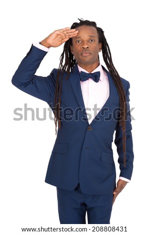 Handsome man with dreadlocks doing different expressions in different sets of clothes: at attention