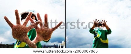 photo collage : a child hands covered in sand
