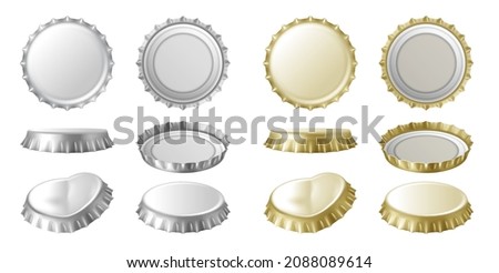 Realistic beer or lemonade bottle cap, metallic lid for glassware bottle of drink. Set of top and bottom, side view on container cover with dent. Beverage and drinking concept. 3d vector illustration Royalty-Free Stock Photo #2088089614