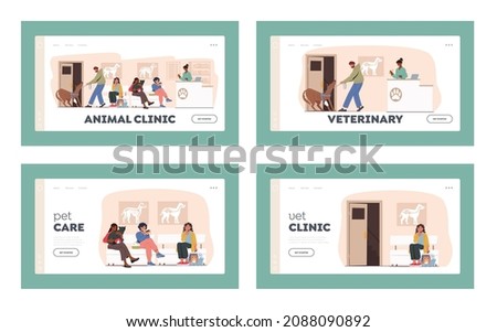 Animals Hospital Landing Page Template Set. People with Pets Come to Veterinary Clinic for Treatment. Men or Women Characters with Cats, Dogs, Rats Wait Doctor Appointment. Cartoon Vector Illustration