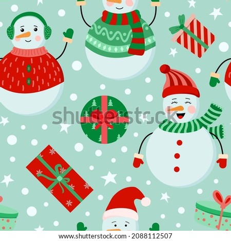 Festive winter holiday snowmen, gift boxes seamless pattern on a bright background, Perfect for wrapping paper, winter greetings, background.