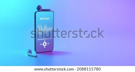 Music icon. Audio equipment with beats, sound headphones, music application on mobile smartphone screen. Radio recording sound voice on neon gradient background. Broadcast media music concept Royalty-Free Stock Photo #2088115780