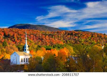 Fall Foliage and the Stowe Community Church, Stowe, Vermont, USA Royalty-Free Stock Photo #208811707