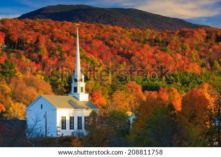 Fall Foliage and the Stowe Community Church, Stowe, Vermont, USA Royalty-Free Stock Photo #208811758