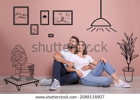 Happy couple dreaming about renovation on floor. Illustrated interior design