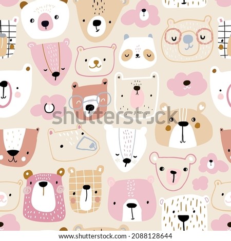 Creative childish pattern with cute colourful pink bears, clouds, pandas. Modern seamless texture for wallpaper, bedding, textile. Vector illustration