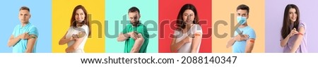 Group of people with medical patches after receiving vaccine on color background Royalty-Free Stock Photo #2088140347