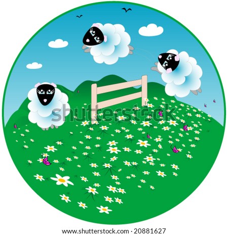 Sheep jumping a fence graphic with flowers and butterflies in the country.