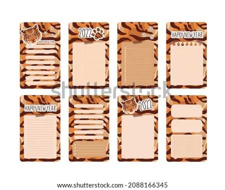 The symbol of the tiger of the New Year 2022. Vector illustration of a tiger portrait. Daily, weekly, monthly planner template. Organizer. Paper sheet. Vector isolated colorful element. 